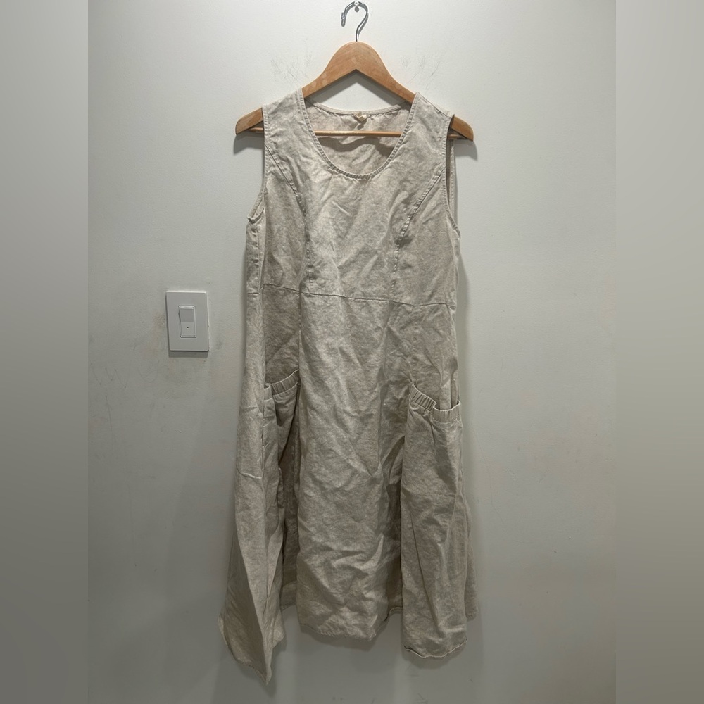 Sleeveless Midi Linen-Blend Dress in Natural Beige - Picture 2 of 6